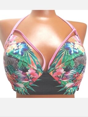Victoria Secret Halter Swim Bikini Top Woman Sz 36D Underwired Padded Tropical